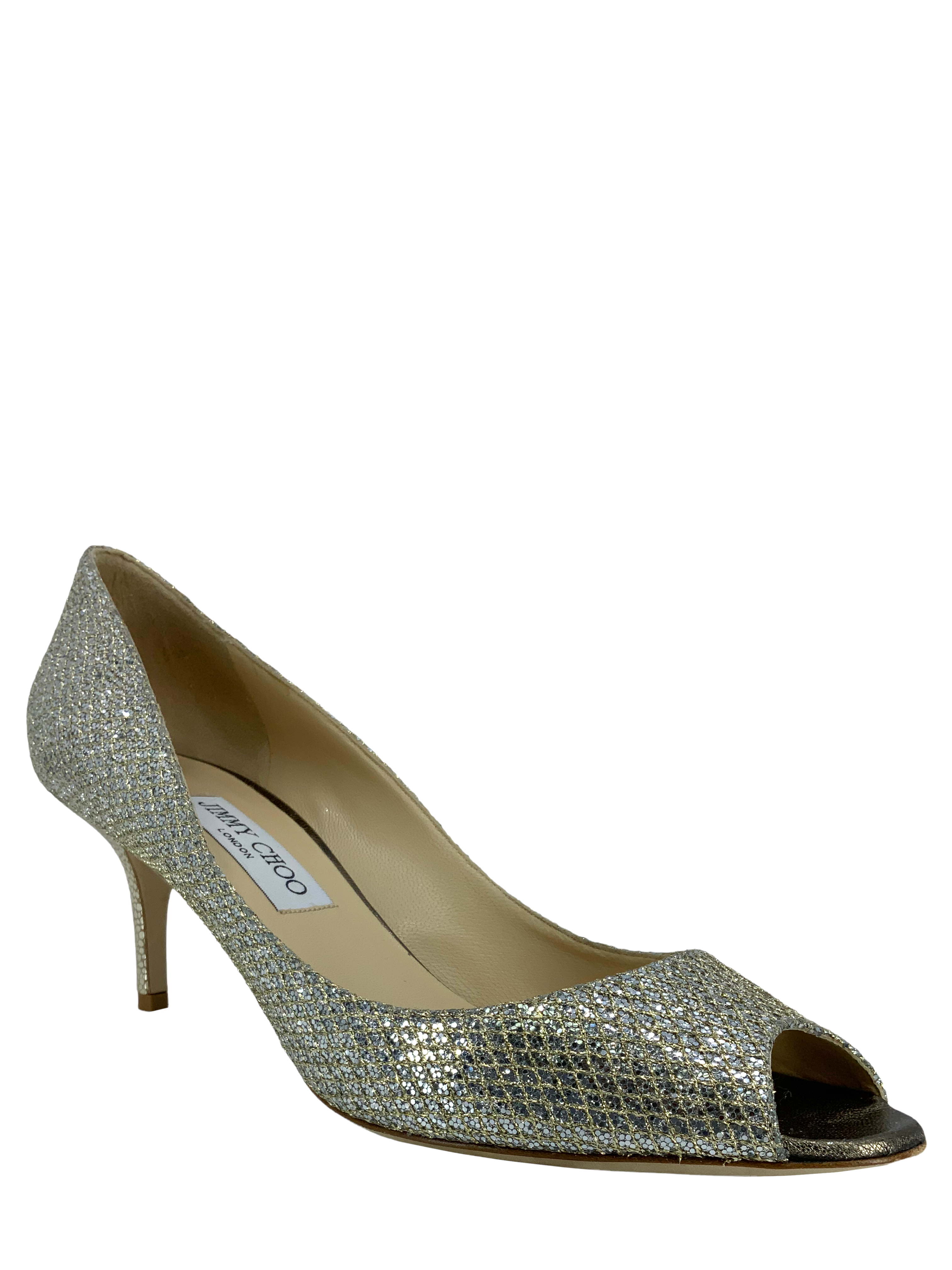 Jimmy Choo Glitter Fabric Isabel Peep Toe Pumps Size 10