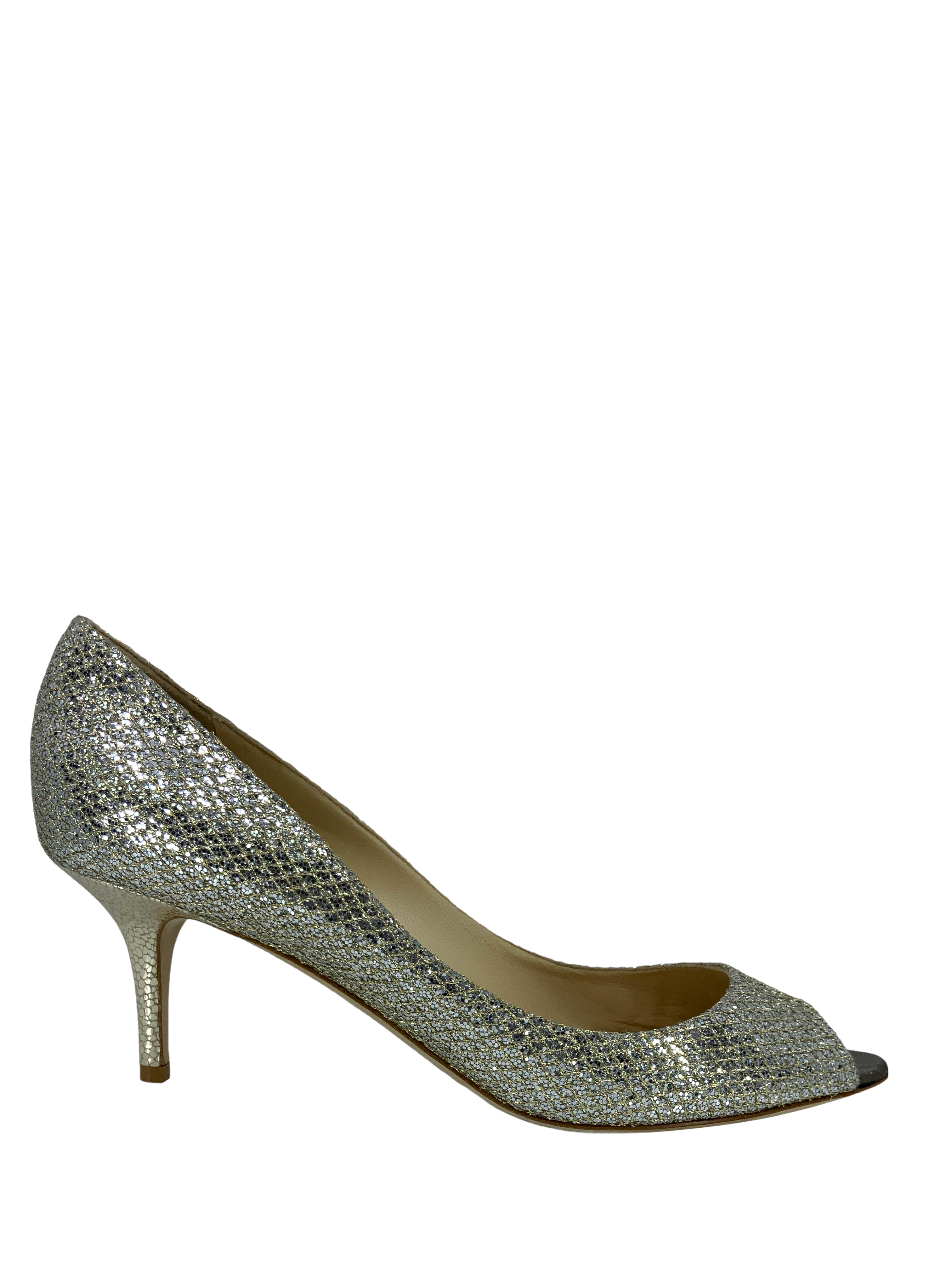 Jimmy Choo Glitter Fabric Isabel Peep Toe Pumps Size 10