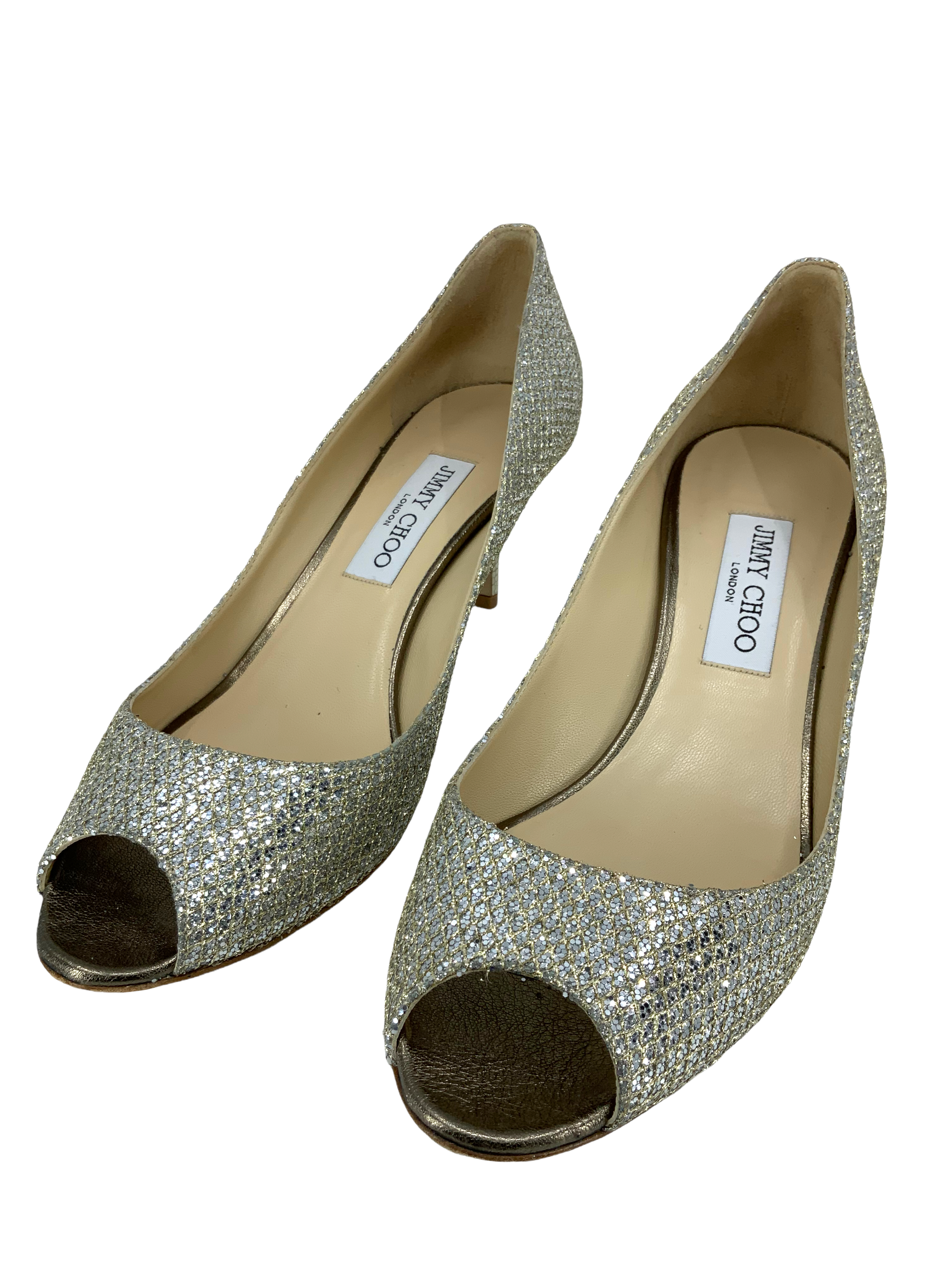 Jimmy Choo Glitter Fabric Isabel Peep Toe Pumps Size 10