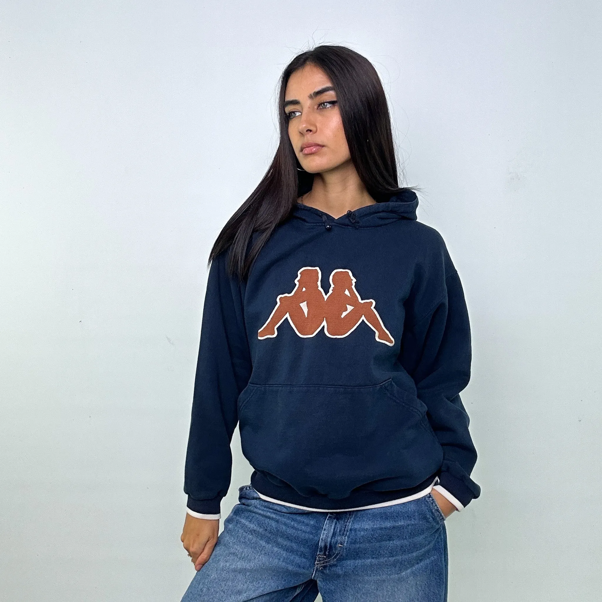 Navy Blue 90s Kappa Spellout Hoodie Sweatshirt (M)