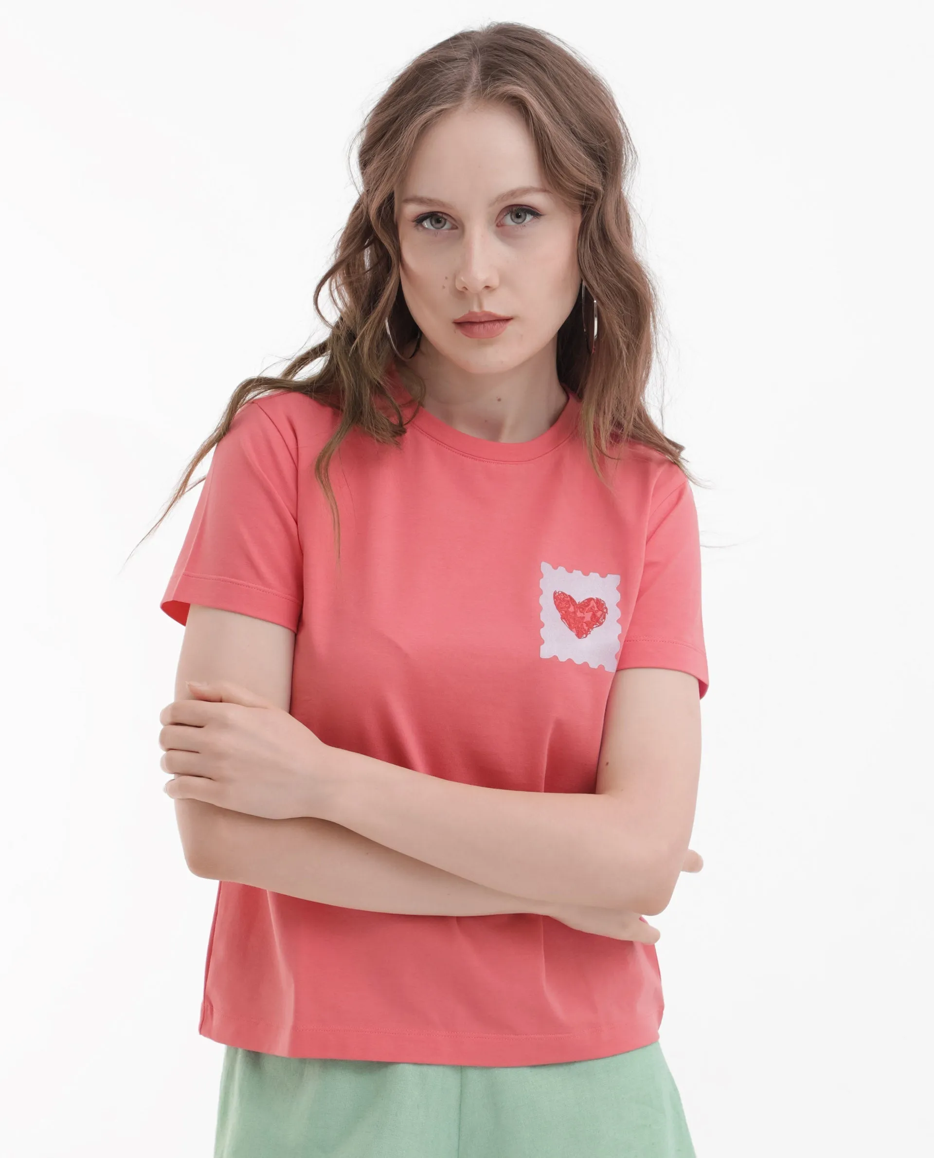 Rareism Women Strudant Peach Cotton Elastane Fabric Crew Neck Knit Solid T-Shirt