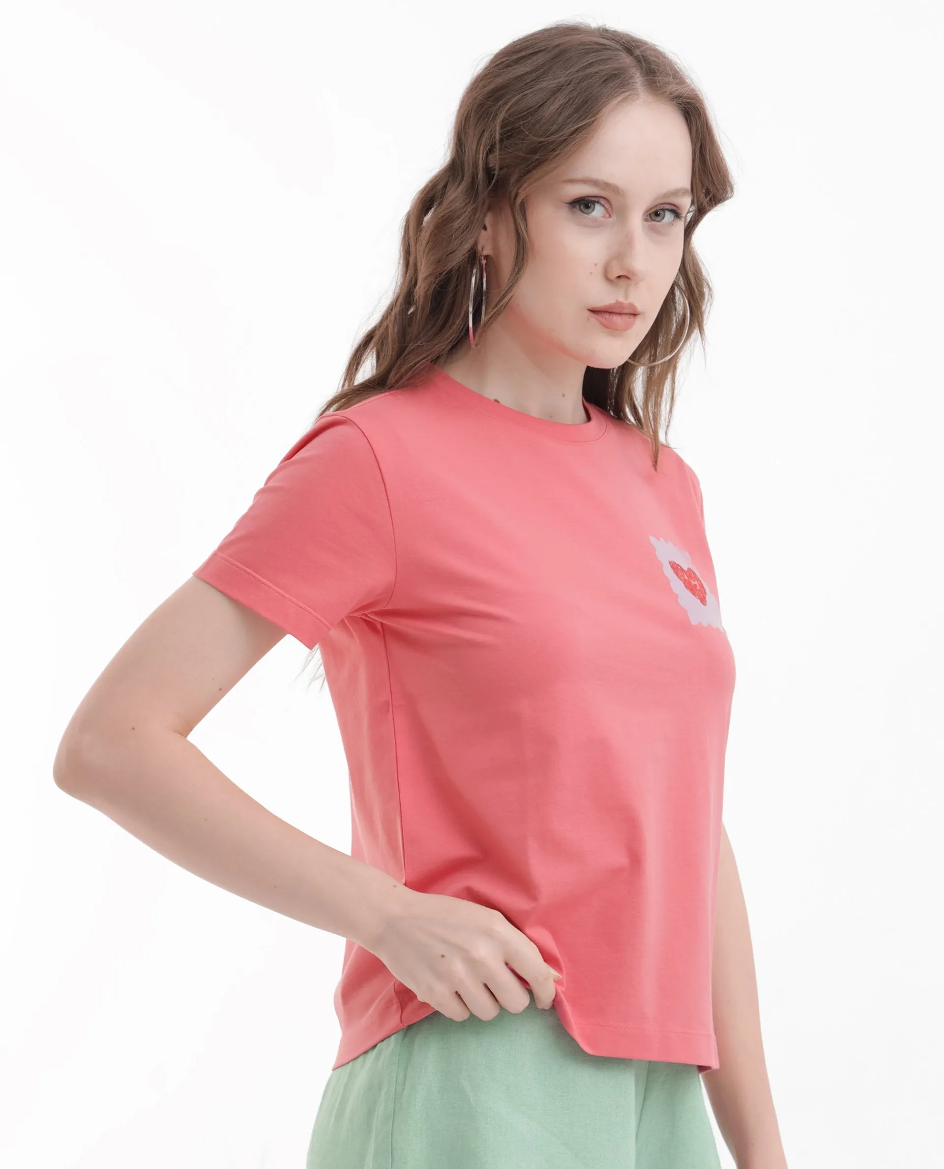 Rareism Women Strudant Peach Cotton Elastane Fabric Crew Neck Knit Solid T-Shirt