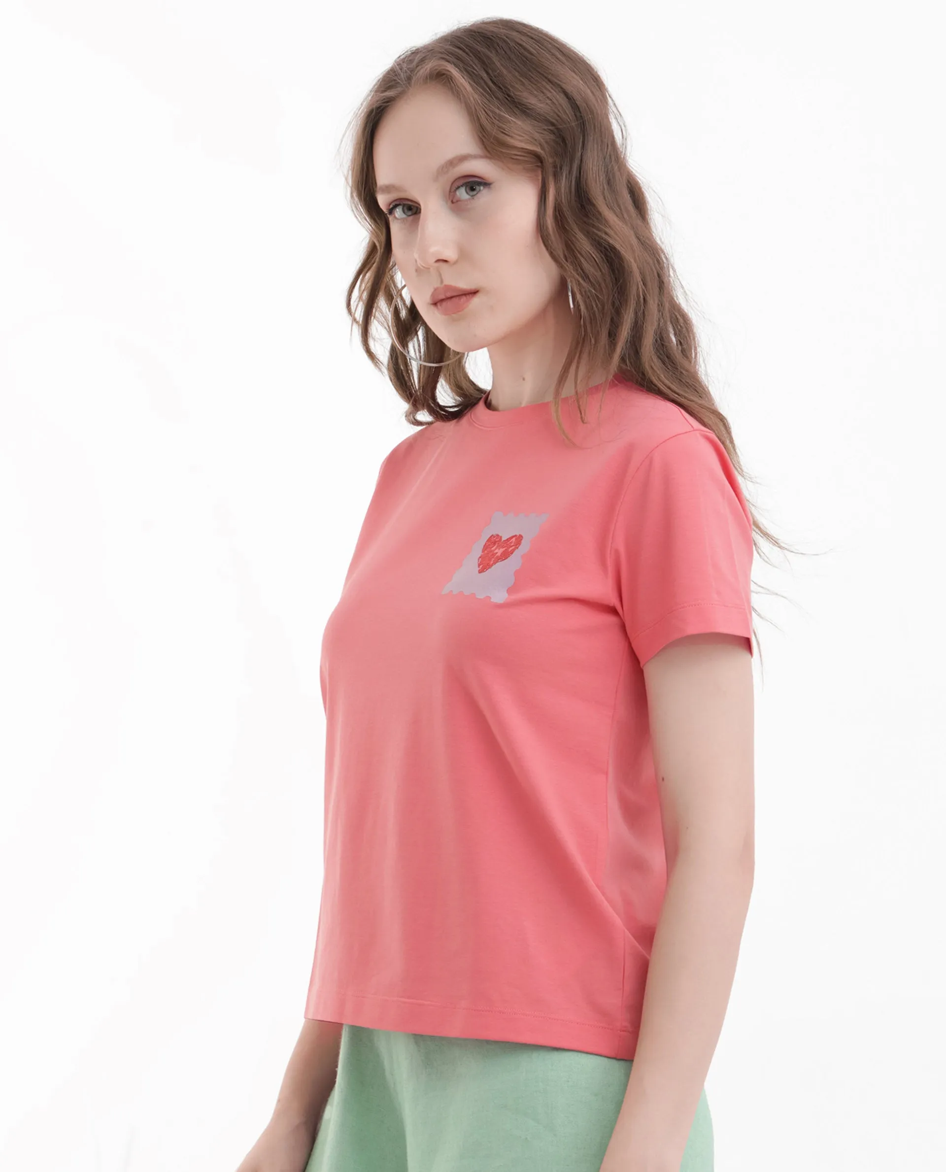 Rareism Women Strudant Peach Cotton Elastane Fabric Crew Neck Knit Solid T-Shirt