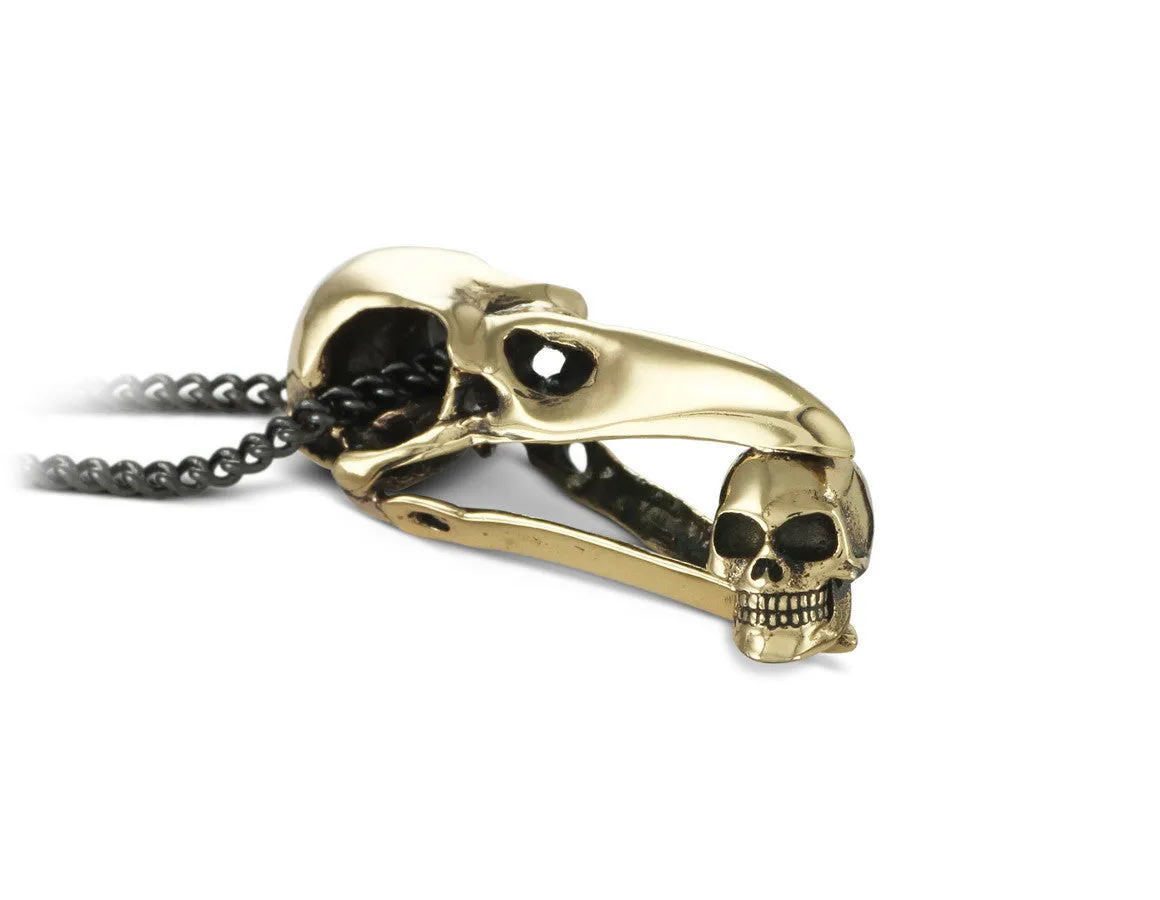 Raven Skull with Human Skull Necklace - Bronze