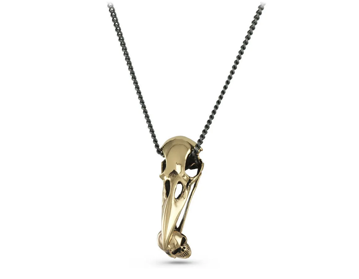 Raven Skull with Human Skull Necklace - Bronze